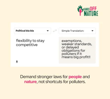Graphic from Hands Off Nature showing a mock translation interface. On the left, a dropdown labeled “Political bla bla” with the phrase “flexibility to stay competitive.” On the right, “Simple Translation” reads: “exemptions, weaker standards, or delayed obligations for polluters if it means big profit!!” Below, text says: “Demand stronger laws for people and nature, not shortcuts for polluters.” Hands Off Nature logo appears in the top right.